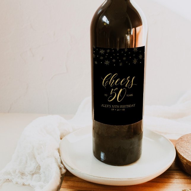 Gold & Black Cheers 50th Birthday Party Wine Label (Creator Uploaded)