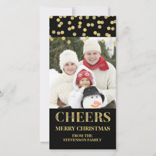 Gold Black Cheers Merry Christmas Confetti Photo Holiday Card