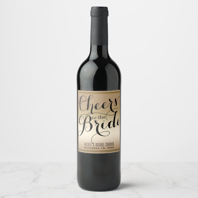 Gold & Black CHEERS TO THE BRIDE Bridal Wine Label (Front)