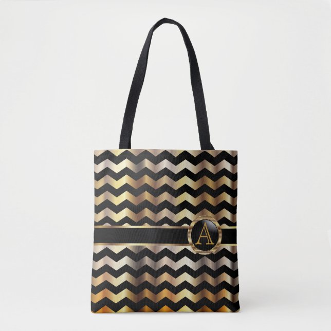 Gold & Black Chevron Monogram Design Tote Bag (Front)
