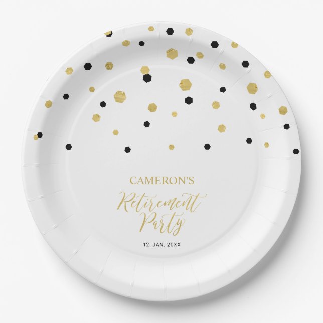 Gold & Black Chic Confetti Retirement Party Paper Plate (Front)