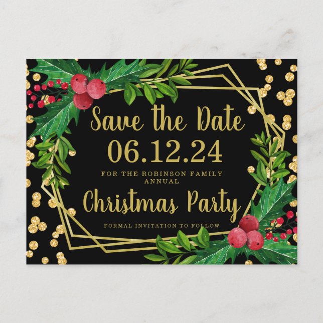 Gold Black Christmas Save Date Holly Glitter Announcement Postcard (Front)