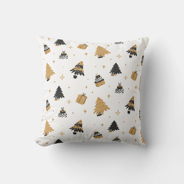 Gold Black Christmas Tree and Gifts Pattern Throw Pillow (Front)