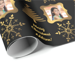 Gold Black Christmas Tree Custom Photo Sentiment Wrapping Paper