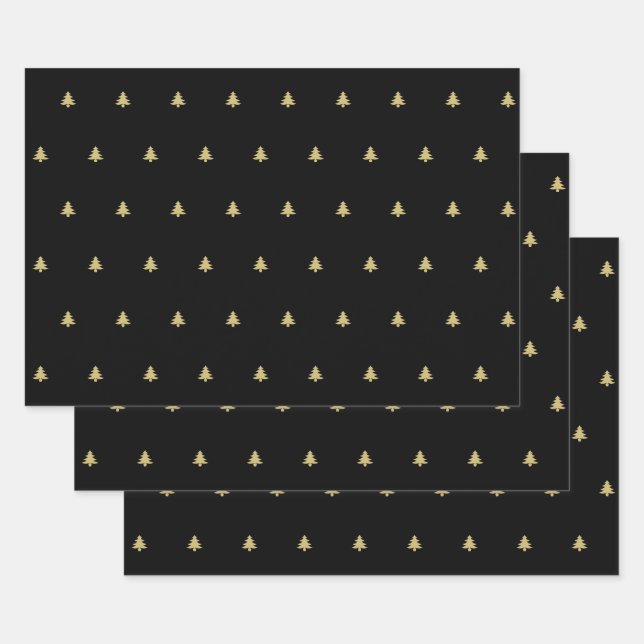 Gold/Black Christmas Tree Simple Icon Pattern Wrapping Paper Sheet (Set)