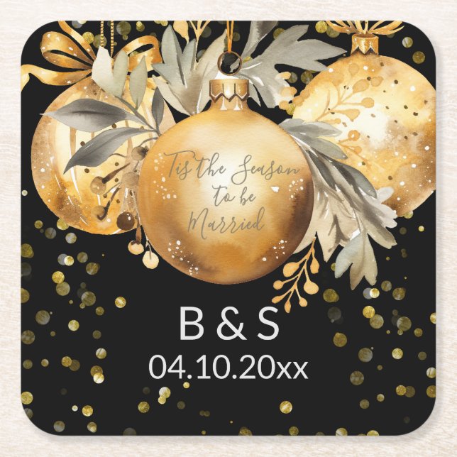 Gold Black Christmas Wedding Square Paper Coaster (Front)