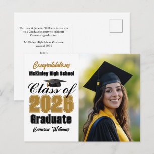 Gold Black Class of 2026 Graduate Photo Graduation Announcement Postcard