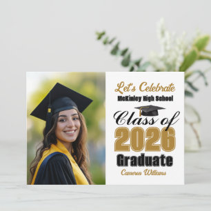 Gold Black Class of 2026 Photo Graduation Party Invitation