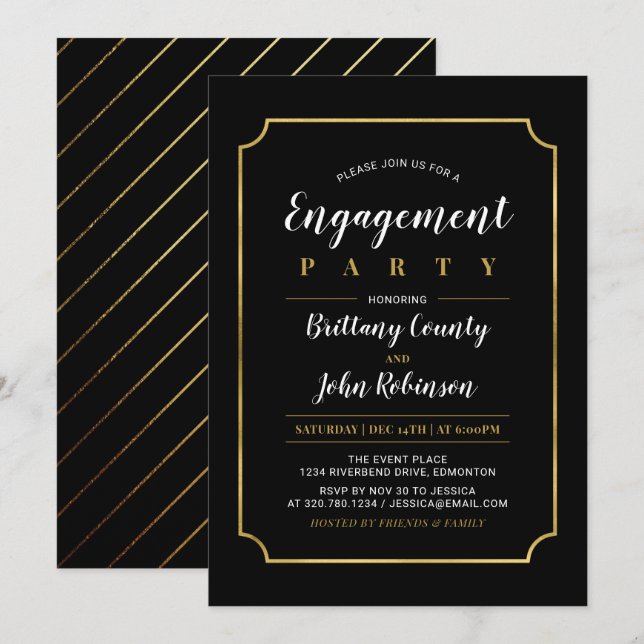 Gold & Black | Classic Wedding Engagement Party Invitation (Front/Back)