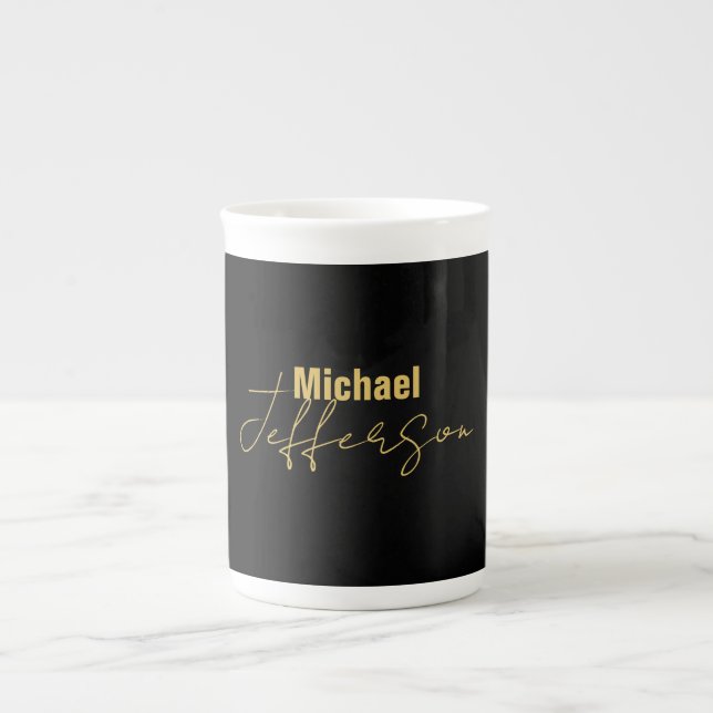 Gold black colour elegant modern minimalist name bone china mug (Front)