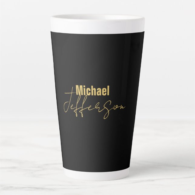 Gold black colour elegant modern minimalist name latte mug (Front)