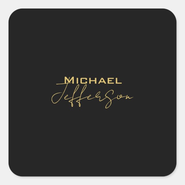 Gold black colour elegant modern minimalist name square sticker (Front)