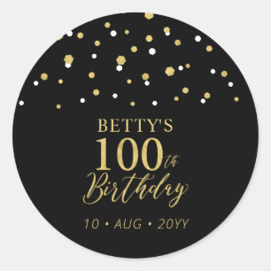 Gold & Black Confetti 100th Birthday Party Favour Classic Round Sticker