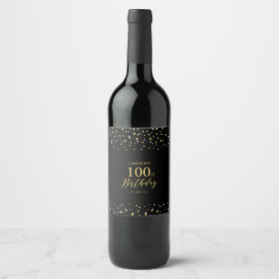 Gold & Black Confetti 100th Birthday Party Wine Label