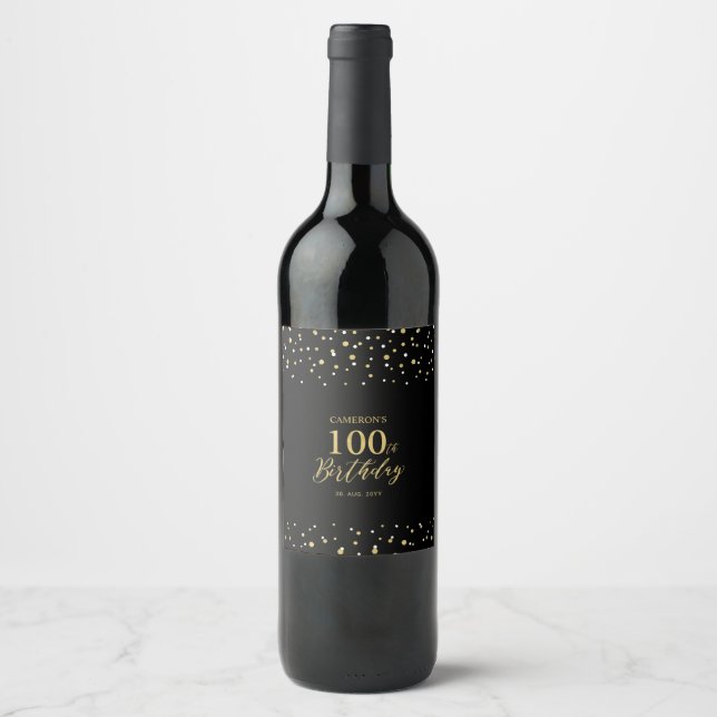 Gold & Black Confetti 100th Birthday Party Wine Label (Front)