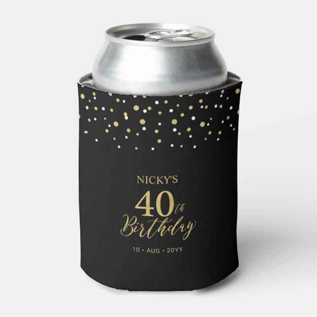 Gold & Black Confetti 40th Birthday Party Favour Can Cooler (Can Front)