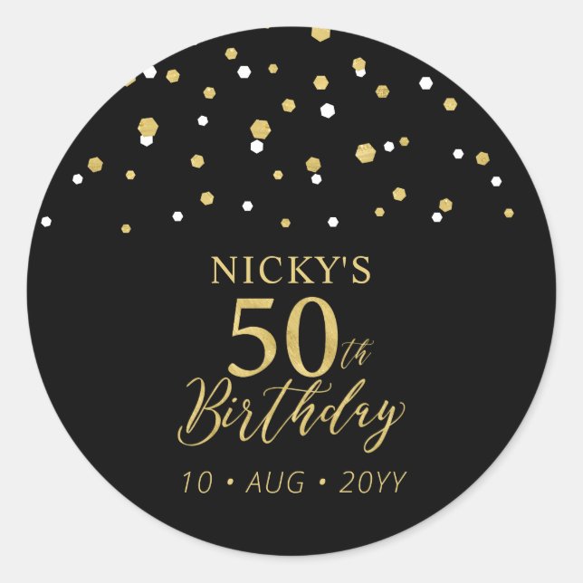 Gold & Black Confetti 50th Birthday Party Favour Classic Round Sticker (Front)