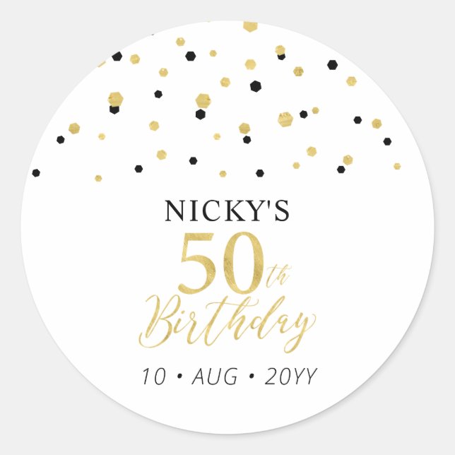 Gold & Black Confetti 50th Birthday Party Favour Classic Round Sticker (Front)