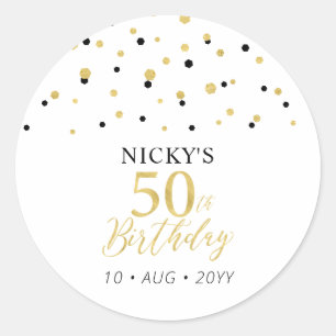 Gold & Black Confetti 50th Birthday Party Favour Classic Round Sticker