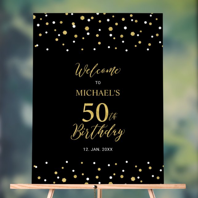 Gold & Black Confetti 50th Birthday Party Welcome Acrylic Sign (Neutral)