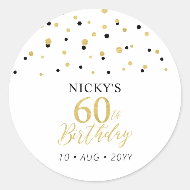 Gold & Black Confetti 60th Birthday Party Favour Classic Round Sticker (Front)