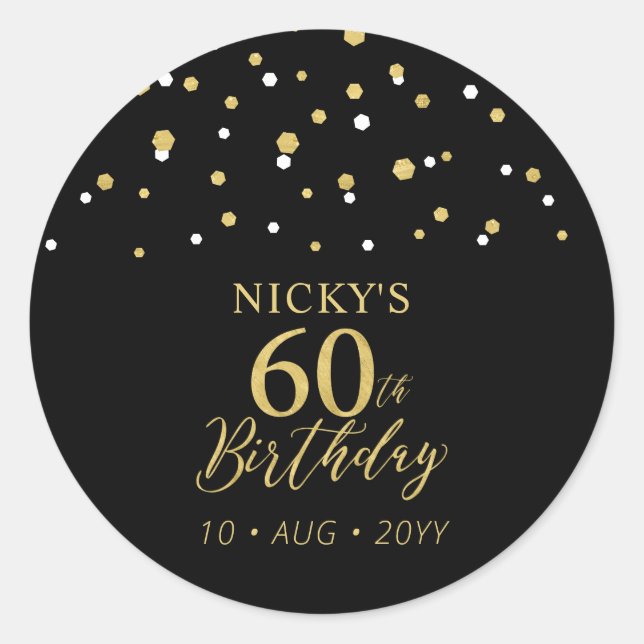 Gold & Black Confetti 60th Birthday Party Favour Classic Round Sticker (Front)