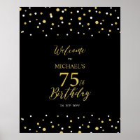 Gold & Black Confetti 75th Birthday Party Welcome 