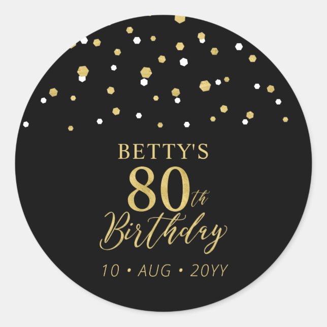 Gold & Black Confetti 80th Birthday Party Favour Classic Round Sticker (Front)