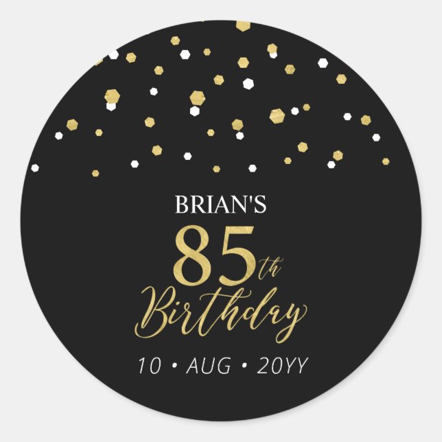 Gold & Black Confetti 85th Birthday Party Favour Classic Round Sticker (Front)