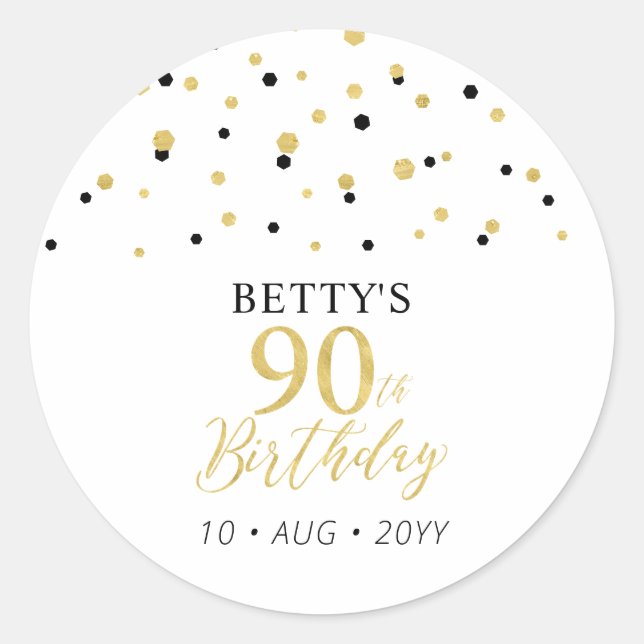 Gold & Black Confetti 90th Birthday Party Favour Classic Round Sticker (Front)
