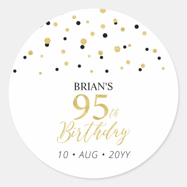 Gold & Black Confetti 95th Birthday Party Favour Classic Round Sticker (Front)
