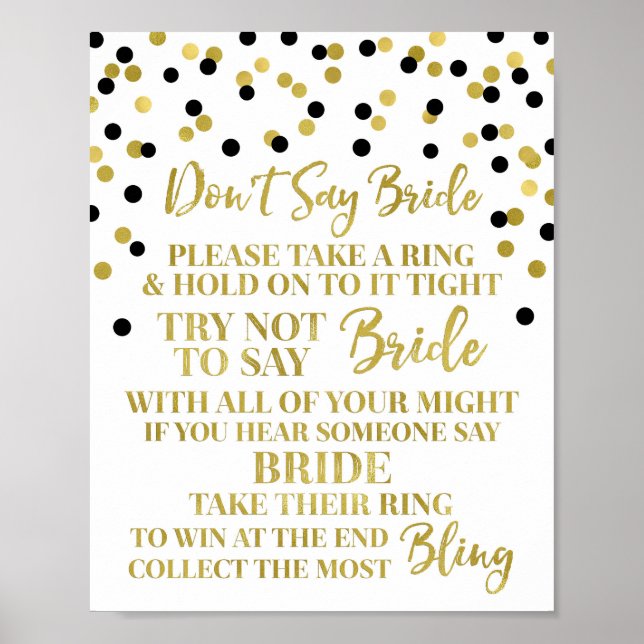 Gold Black Confetti Don't Say Bride Game Sign (Front)