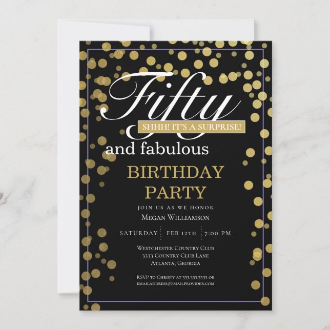 Gold Black Confetti Fifty and Fabulous Birthday Invitation (Front)