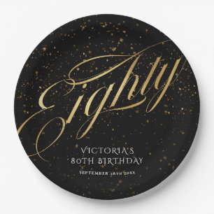 Gold Black Confetti Glitter Eighty 80th Birthday Paper Plate