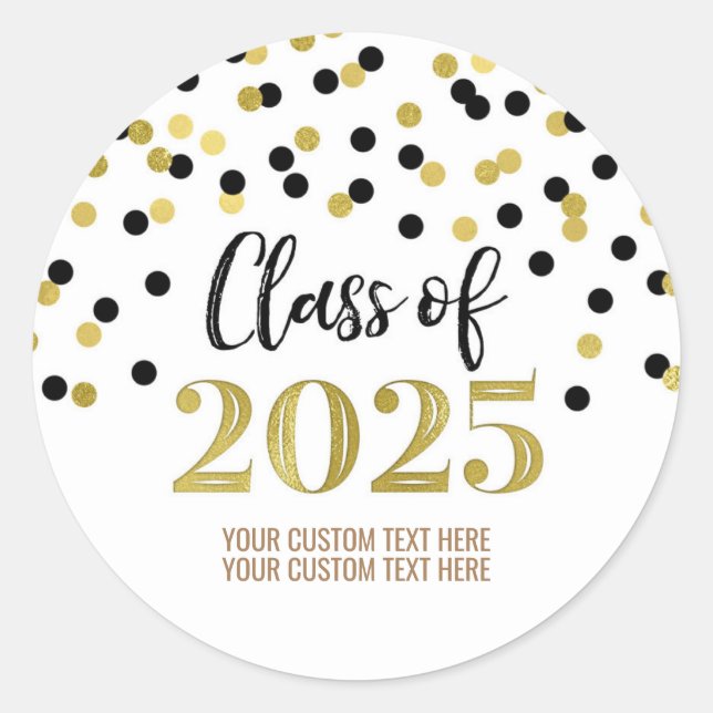 Gold Black Confetti Graduation 2025 Classic Round Sticker (Front)