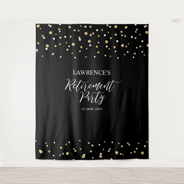 Gold & Black Confetti Retirement Party Backdrop Tapestry (Front)