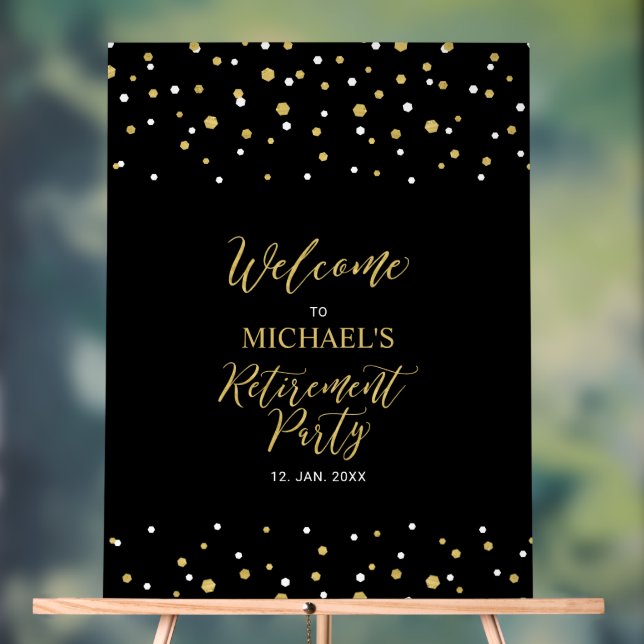 Gold & Black Confetti Retirement Party Welcome Acrylic Sign (Neutral)