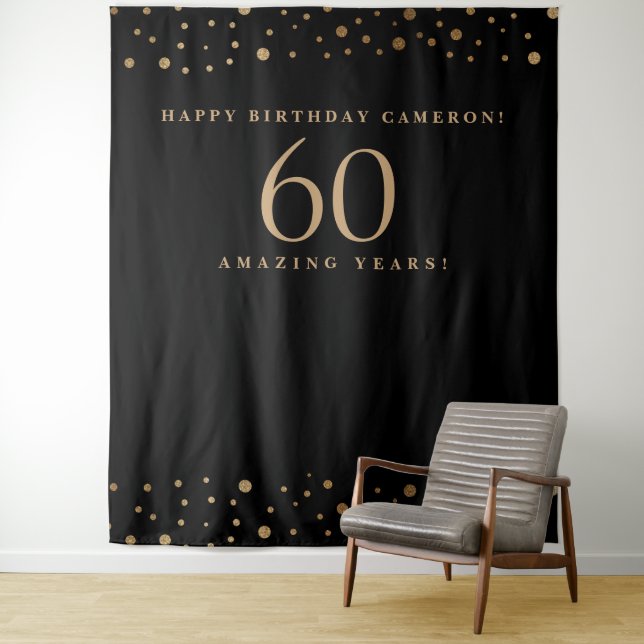 Gold Black Customizable Happy Birthday 60 Years  Tapestry (In Situ)