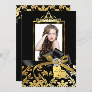 Gold Black Damask Bow Photo Quinceanera Invitation