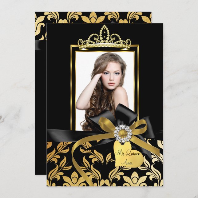 Gold Black Damask Bow Photo Quinceanera Invite (Front/Back)