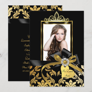 Gold Black Damask Bow Photo Quinceanera Invite