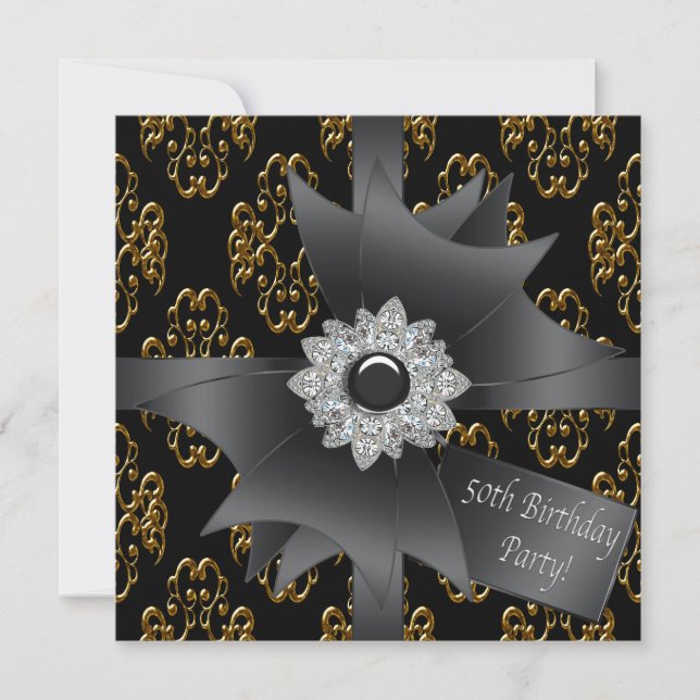 Gold Black Damask Gift Classy 50th Birthday Invitation (Front)
