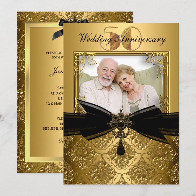 Gold Black Damask Photo Invitation du 50e annivers (Devant / Derrière)