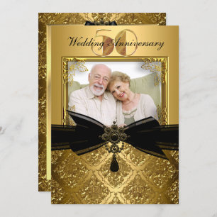 Gold Black Damask Photo Invitation du 50e annivers
