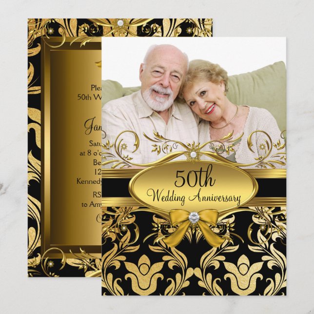 Gold Black Damask Photo Invitation du 50e annivers (Devant / Derrière)
