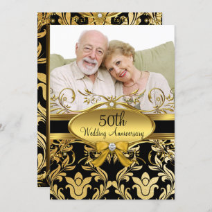 Gold Black Damask Photo Invitation du 50e annivers
