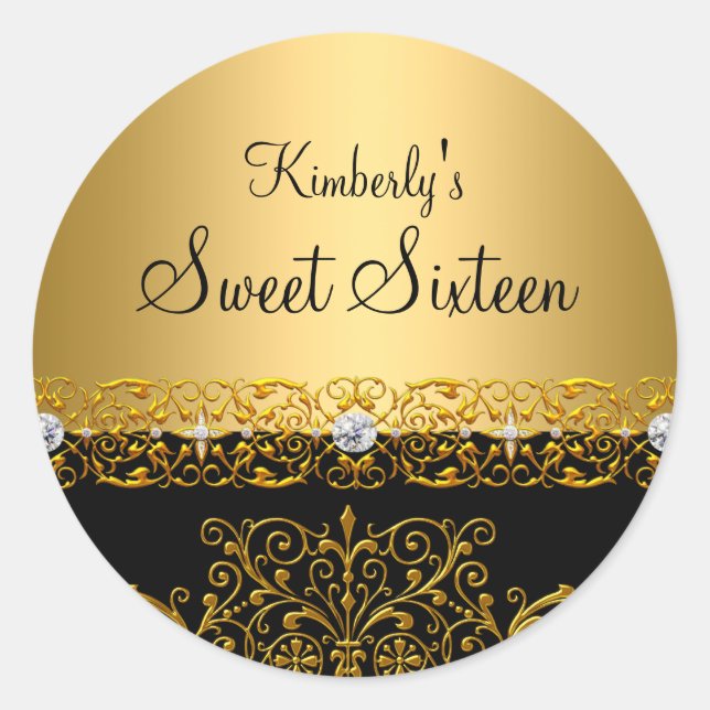Gold & Black damask Sweet Sixteen Sticker (Front)