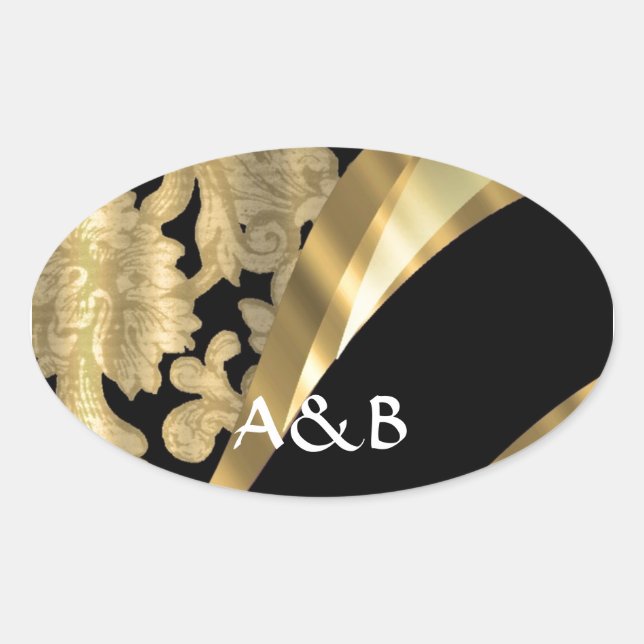 Gold & black damask swirl oval sticker (Front)