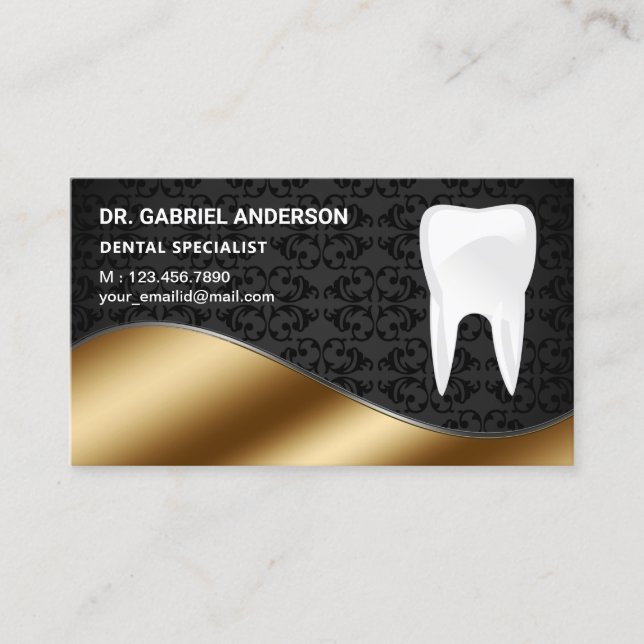 Gold Black Damask Tooth Dental Clinic Dentist Business Card (Front)