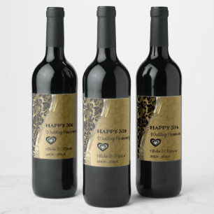Gold & Black Damask Wedding Anniversary Wine Label